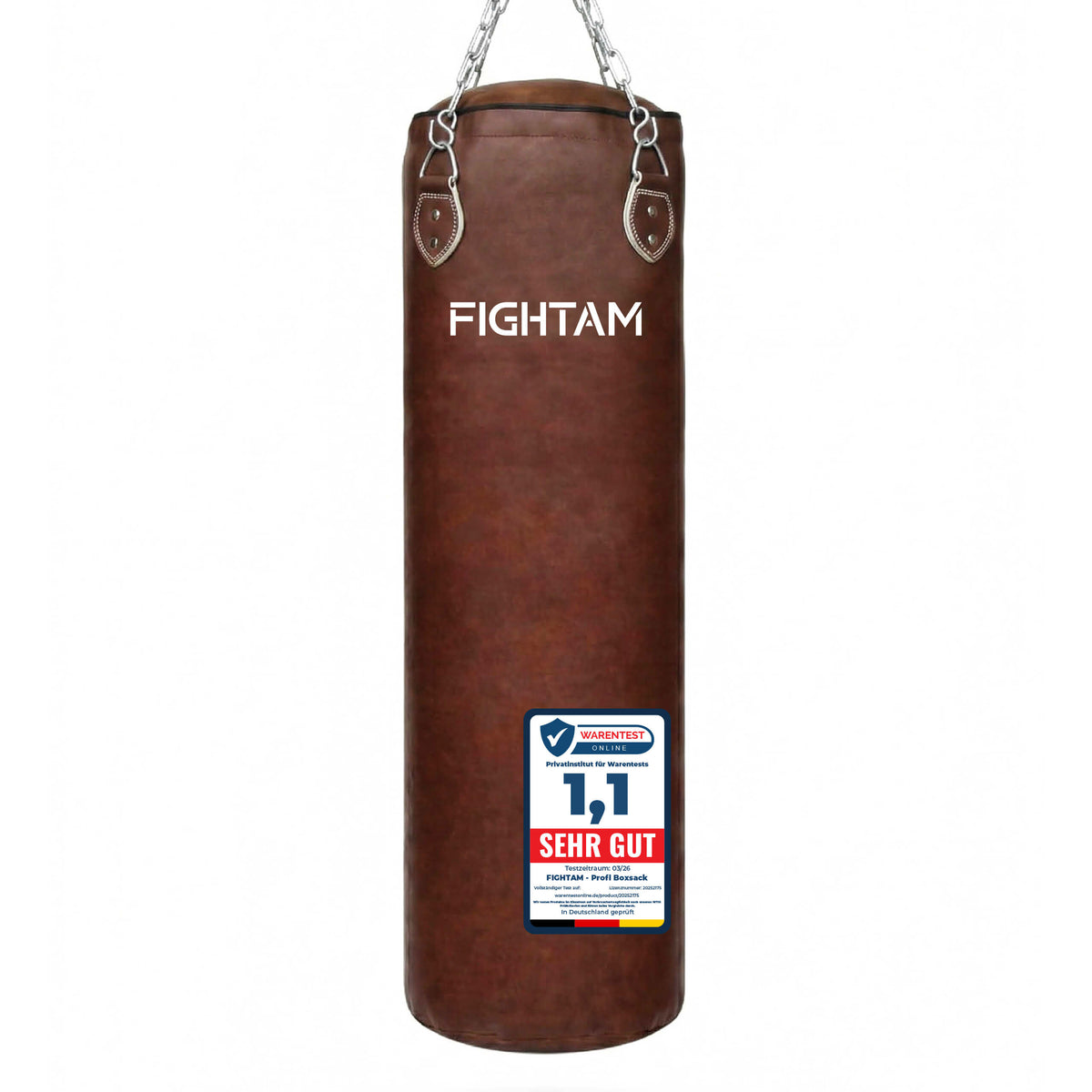 FIGHTAM Profi Boxsack/Sandsack 150cm braun - Vintage Edel Style | ca. 40kg | GEFÜLLT | Vinyl Kunstleder | inkl. 4-Punkt - Stahlkette