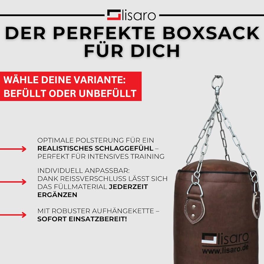 Lisaro Profi Boxsack/Sandsack 120cm braun | ca. 35-38kg | GEFÜLLT | inkl. Vierpunkt - Stahlkette | Material Vinyl (Kunstleder)