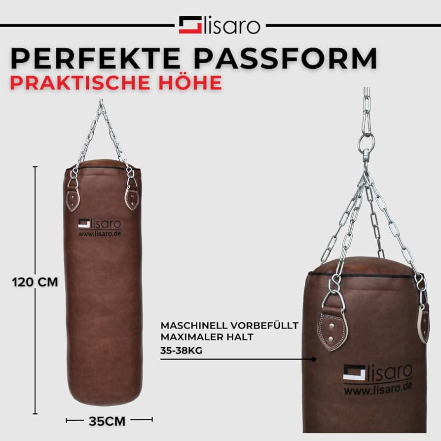 Lisaro Profi Boxsack/Sandsack 120cm braun | ca. 35-38kg | GEFÜLLT | inkl. Vierpunkt - Stahlkette | Material Vinyl (Kunstleder)