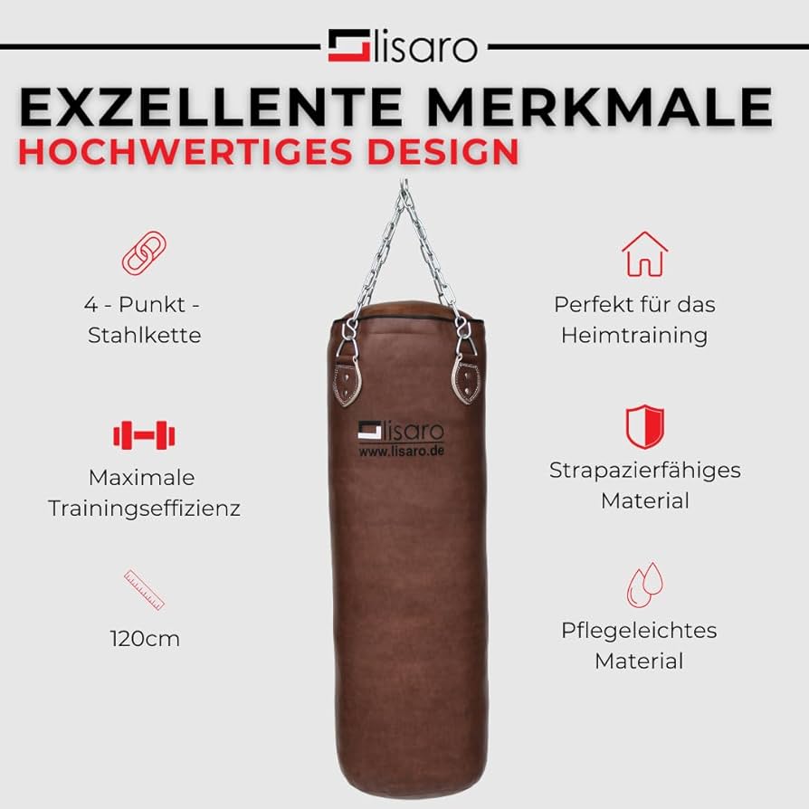 Lisaro Profi Boxsack/Sandsack 120cm braun | ca. 35-38kg | GEFÜLLT | inkl. Vierpunkt - Stahlkette | Material Vinyl (Kunstleder)