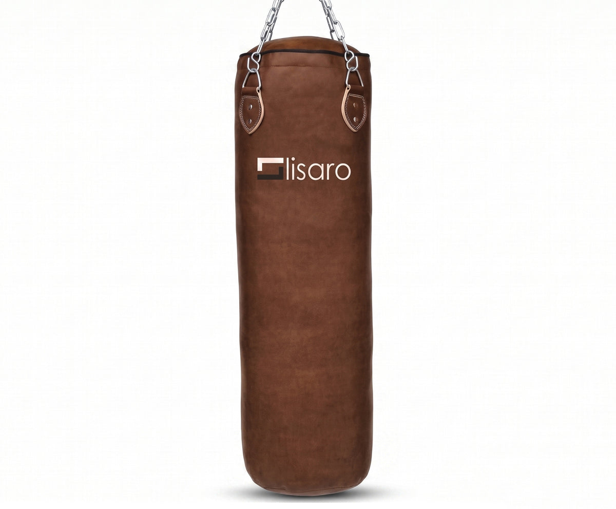 Lisaro Profi Boxsack/Sandsack 120cm braun | ca. 35-38kg | GEFÜLLT | inkl. Vierpunkt - Stahlkette | Material Vinyl (Kunstleder)