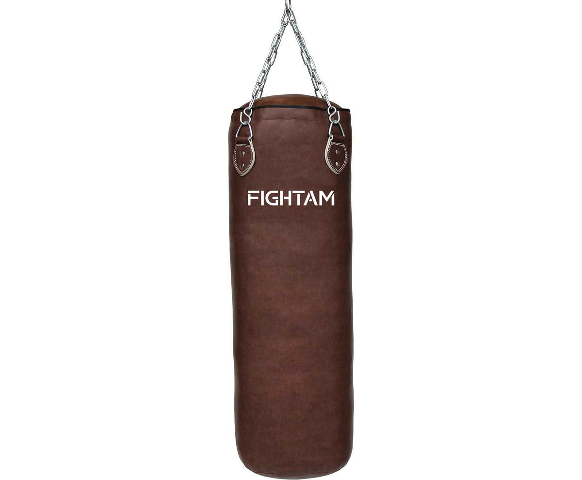 FIGHTAM Profi Boxsack/Sandsack 150cm braun - Vintage Edel Style | ca. 35-38kg | GEFÜLLT | Vinyl Kunstleder | inkl. 4-Punkt - Stahlkette